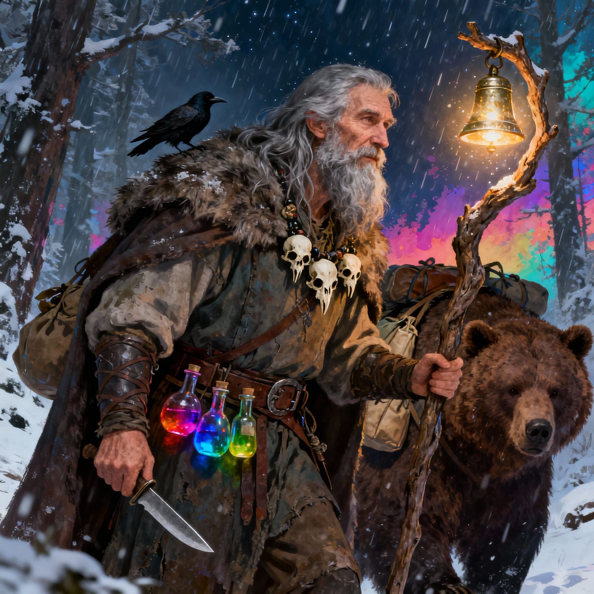 In a freezing night storm, in the middle of a winter forest, stands a mighty, ancient druid with long gray hair fluttering in the gusts of w...