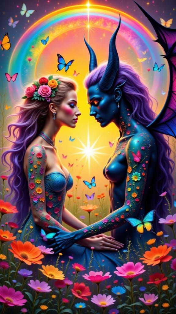 Rainbow Goddess and Demon in Romantic Embrace