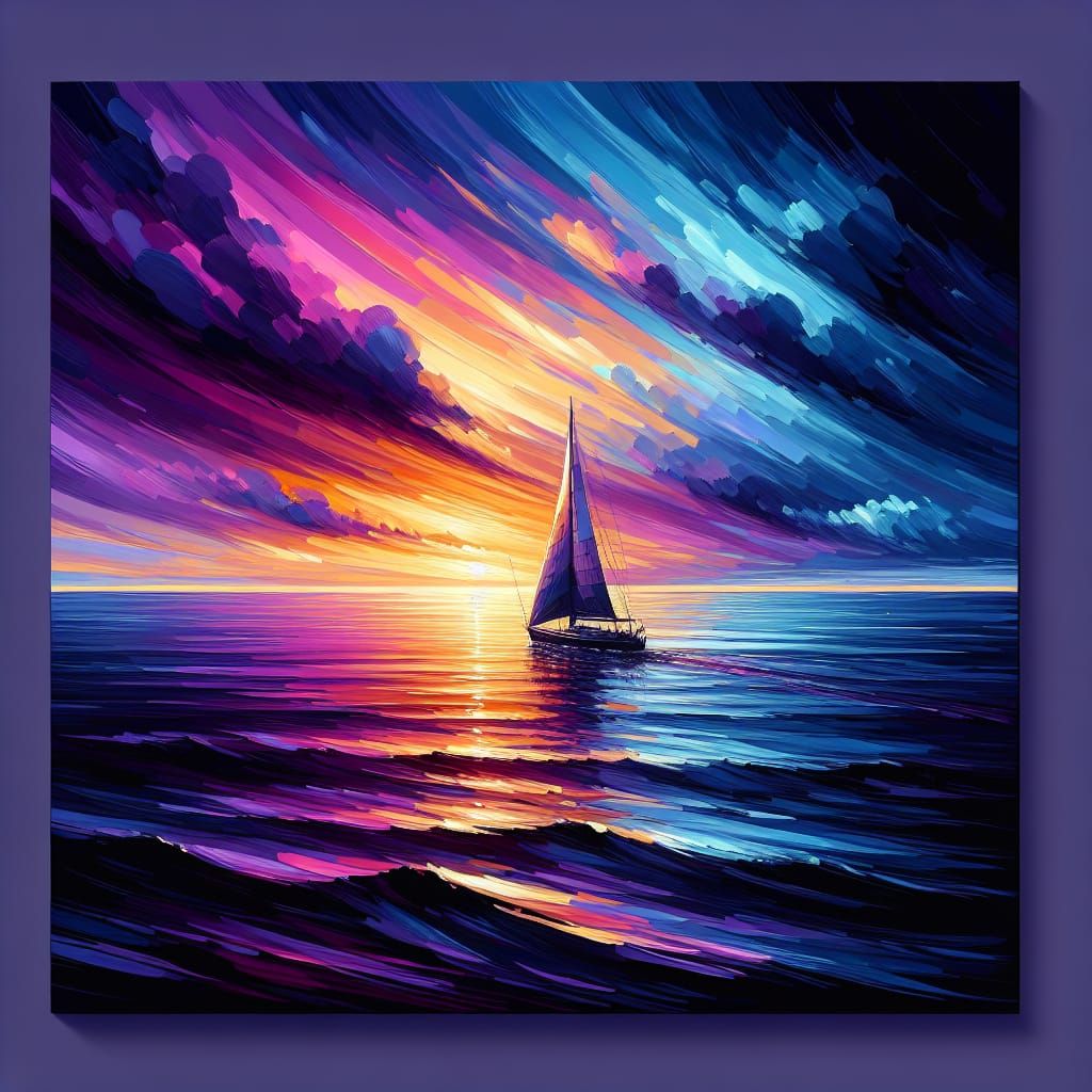 Sailboat on water, Moderate cyan,  Moderate violet, Vivid orange, Grayish magenta, Very dark blue, Mostly black, Light g...