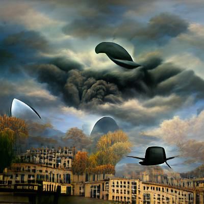 Magritte art with the music of War of the worlds
