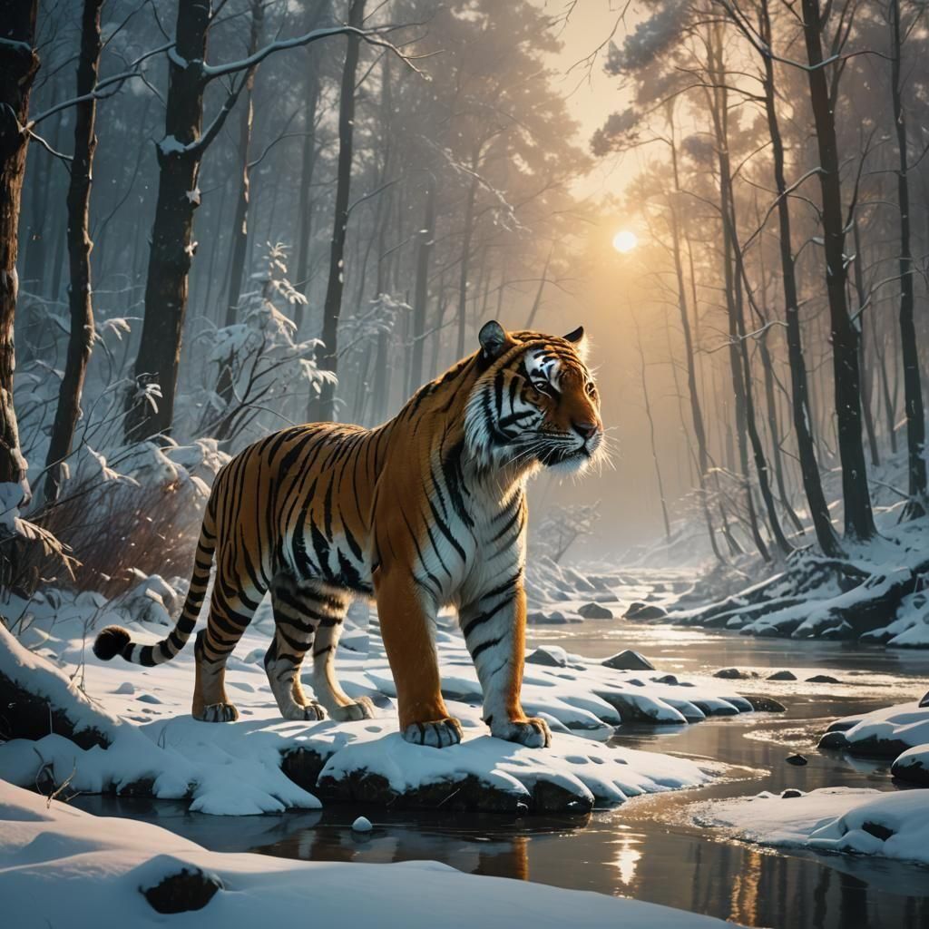 tiger by a river in a snowy forest