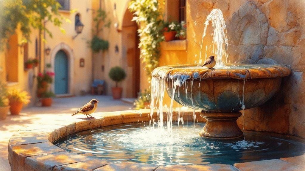 A stone fountain with sparrows. 16:9  by @axelb