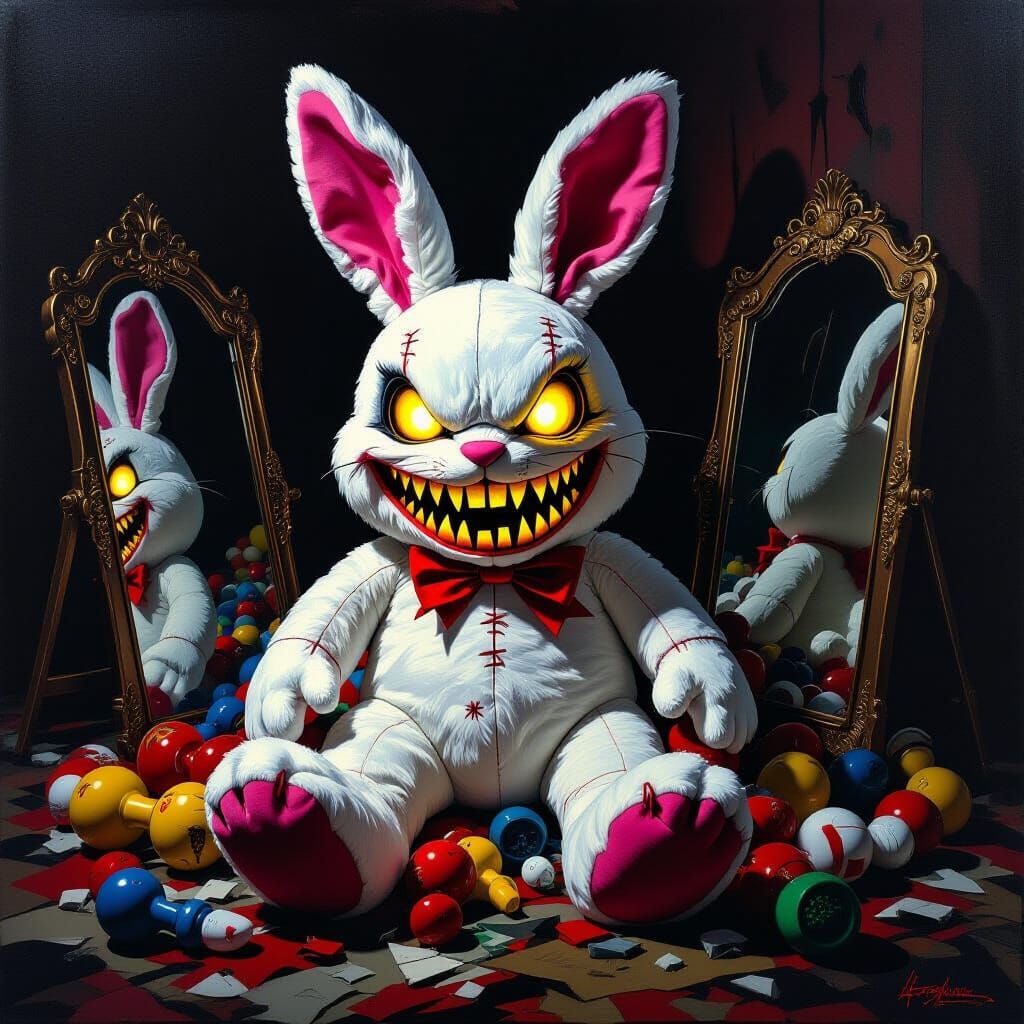 Surrealism. A menacing plush rabbit with sharp, stitched-on teeth and glowing yellow eyes, perched atop a pile of discarded, broken toys in ...