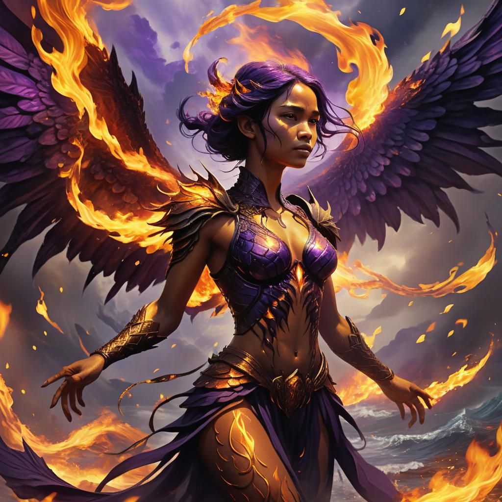 A lady with wings of fire scorching around her. Fire all aro...