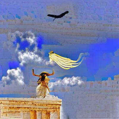 goddess flying to Ancient Greek temple