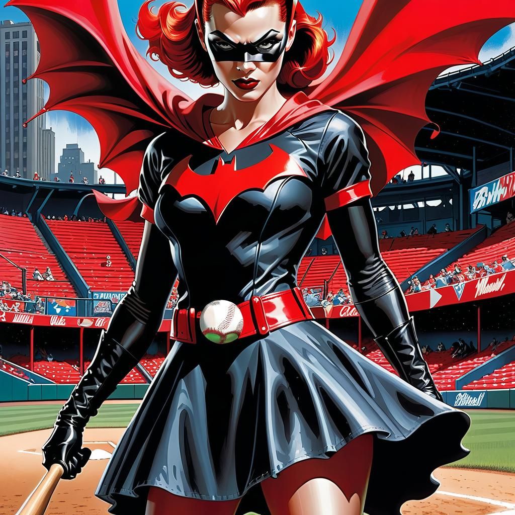 DC bombshells Batwoman at bat. Comic Book cover. Pop art. Black and Red ...