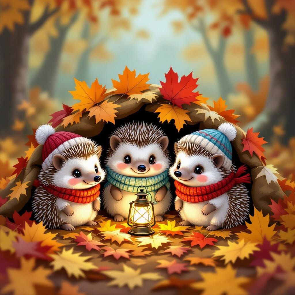 A whimsical scene of tiny, anthropomorphic hedgehogs wearing miniature knitted scarves and hats, peeking out from beneath a thick blanket of...