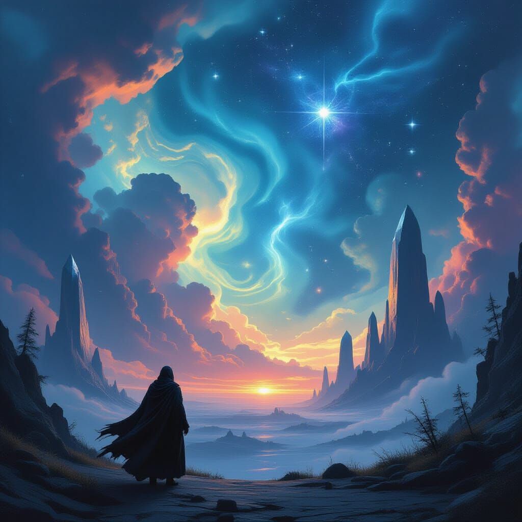 A solitary figure in a tattered cloak stands at the edge of a vast, alien forest under a sky filled with swirling, luminescent gas clouds an...