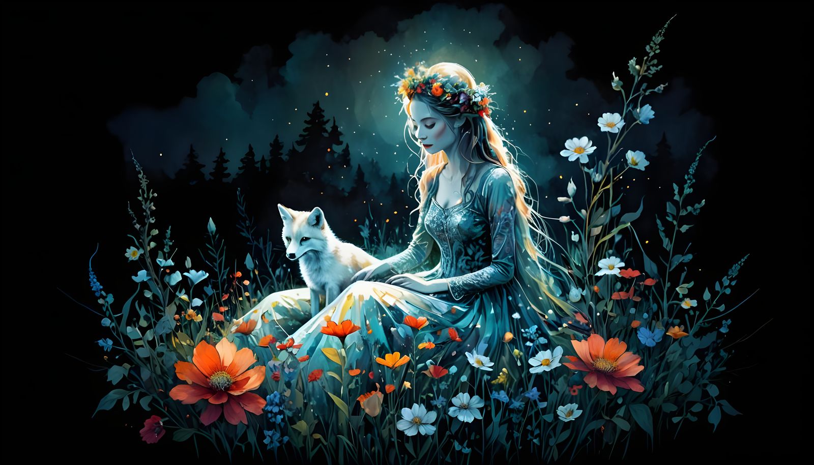 Fox Among Wildflowers at Sunset: Collage Illustration