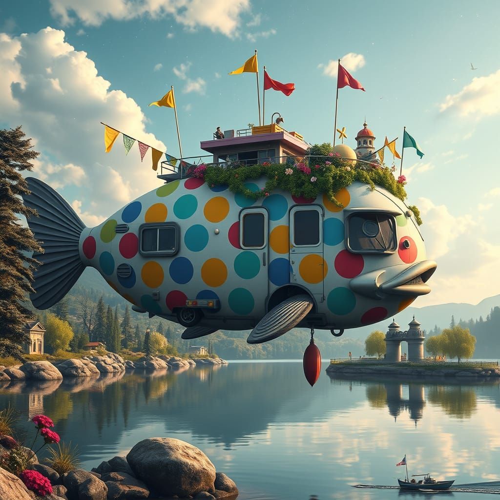  a giant fish camper floats serenely above a tranquil lake  by @Lavender Days