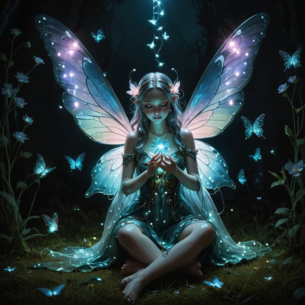 Beautiful young fairy with glowing butterfly wings sitting a...