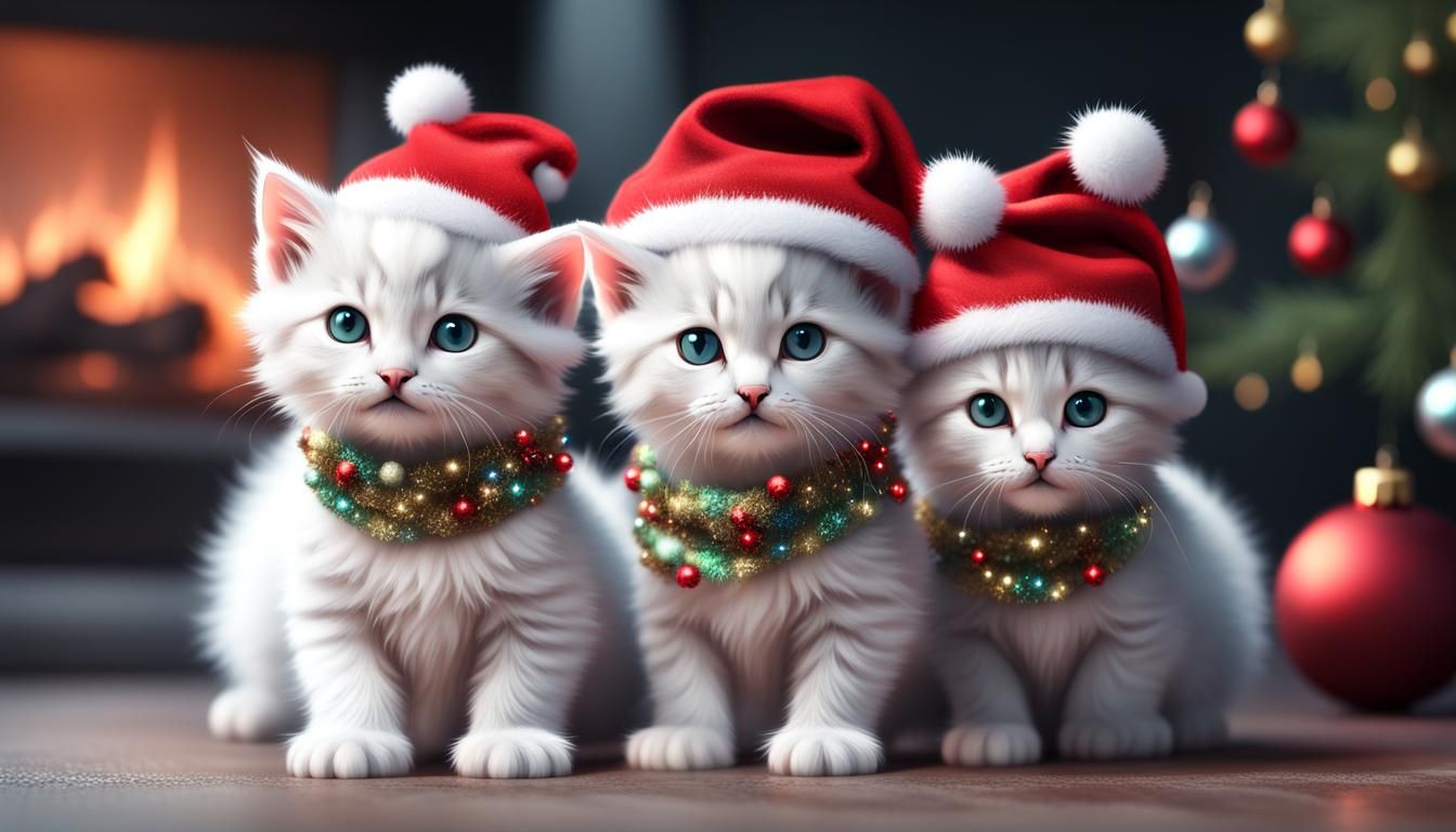 white fluffy kittens with christmas hats, sparkly scarf deta...