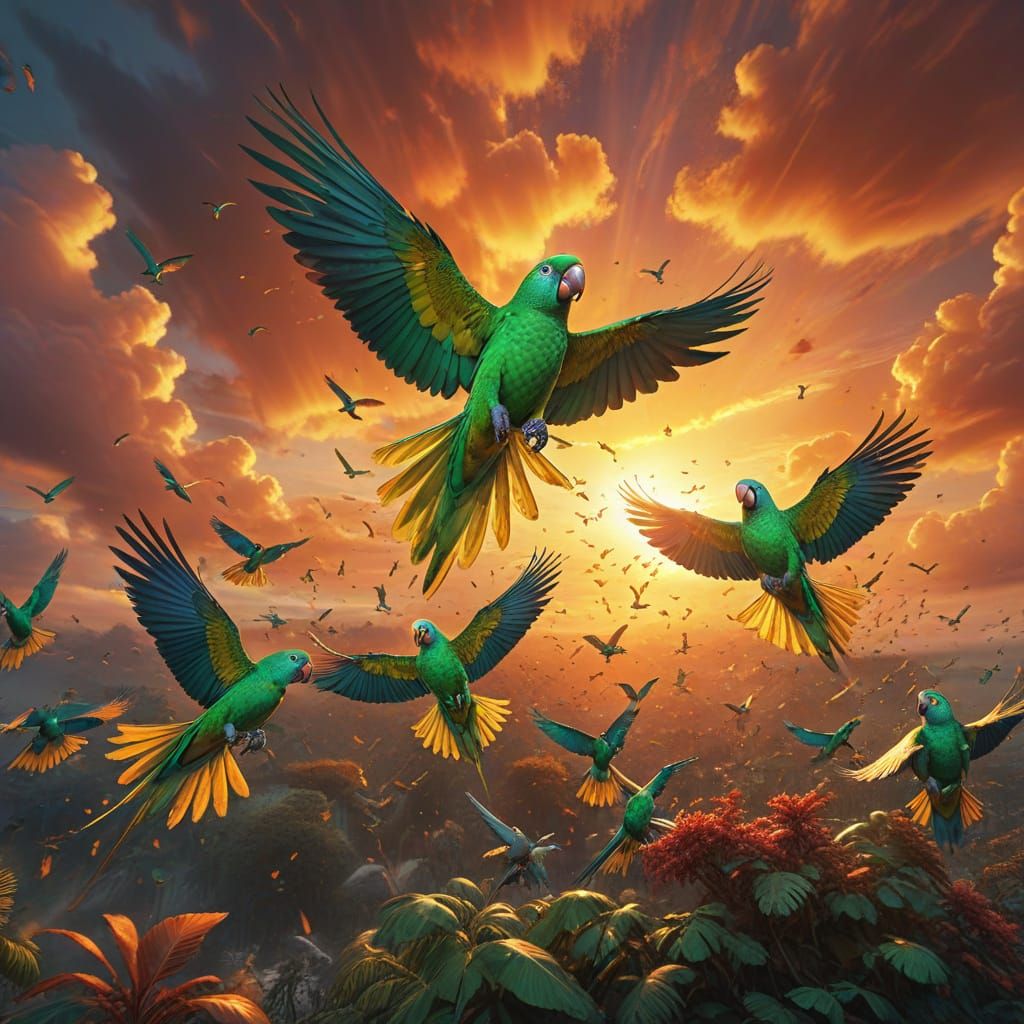 מלא תוכים ירוקים עפים ברקע שמים מלאי צבעים בשקיעה