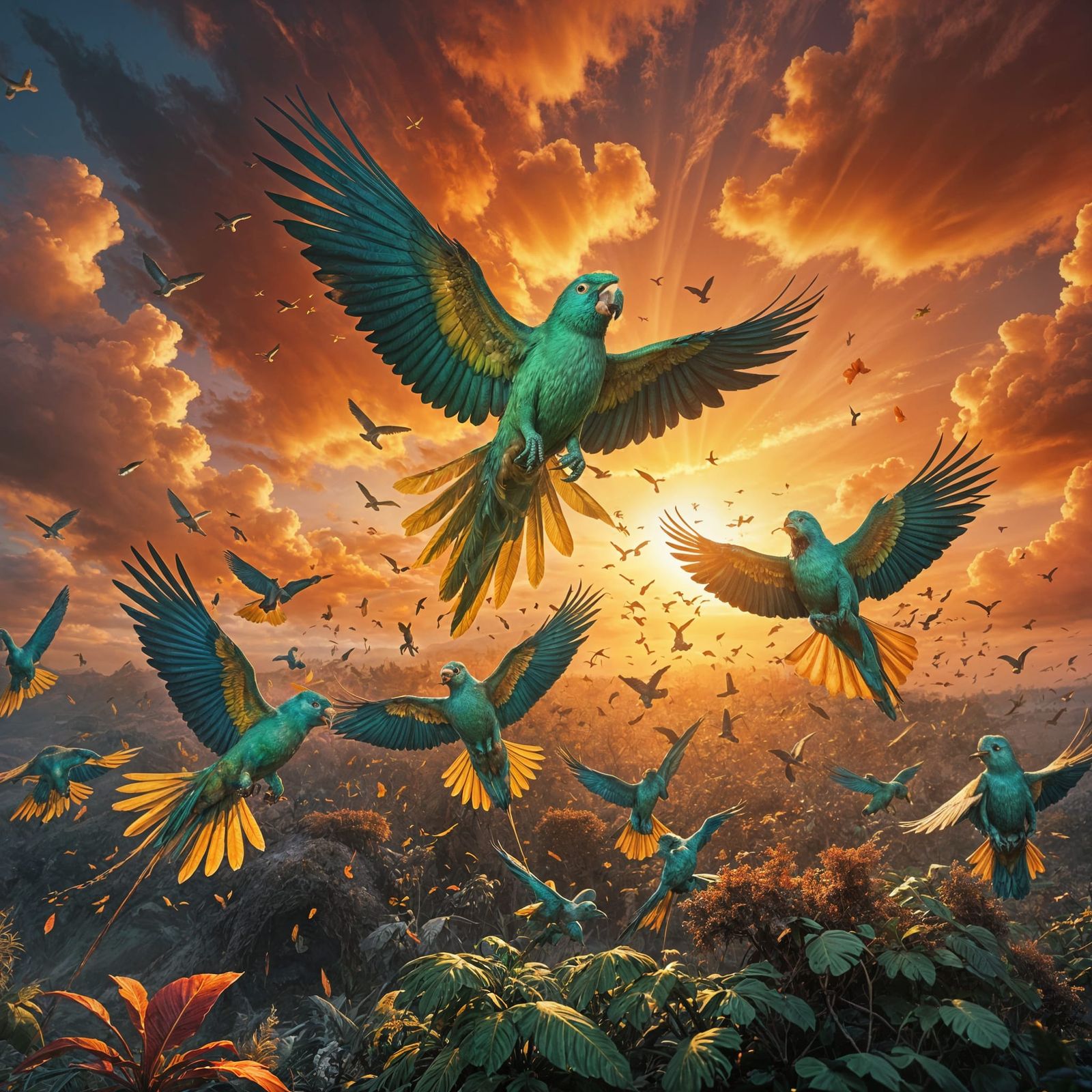 Green Parrots Flying in Colorful Sunset Sky