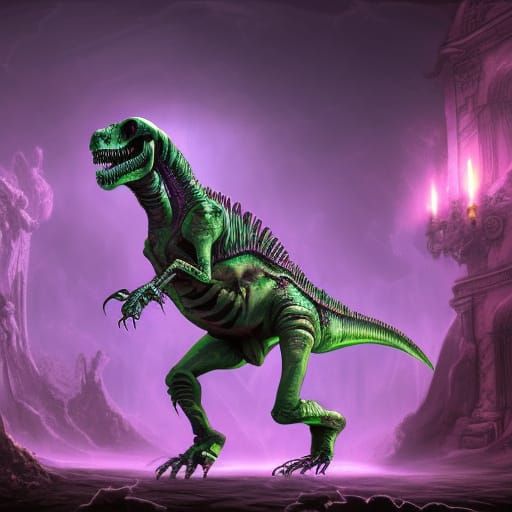 Undead Skeleton dinosaur stands in a dark, shadowy crypt with motes of green and purple flames amongst its bones
