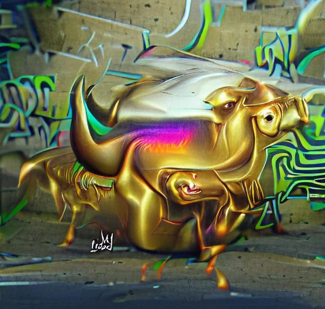 Gold Bull at work 8K 3D iridescent graffiti