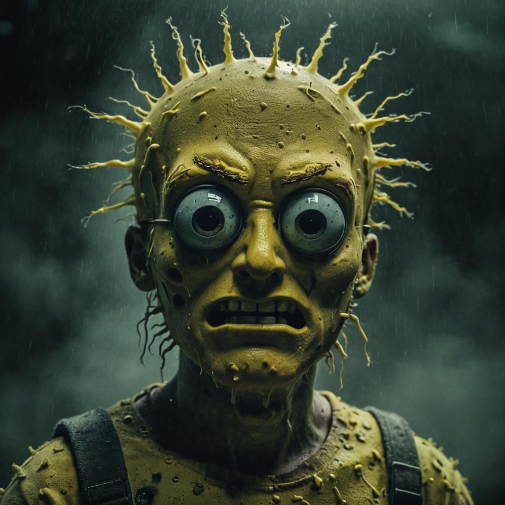 video shoot for 20 seconds zooming to terrifying looking living spongebob in real life  