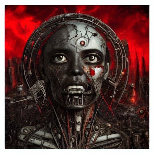 Dystopian Giant Woman in Burning City, Biomechanical Style