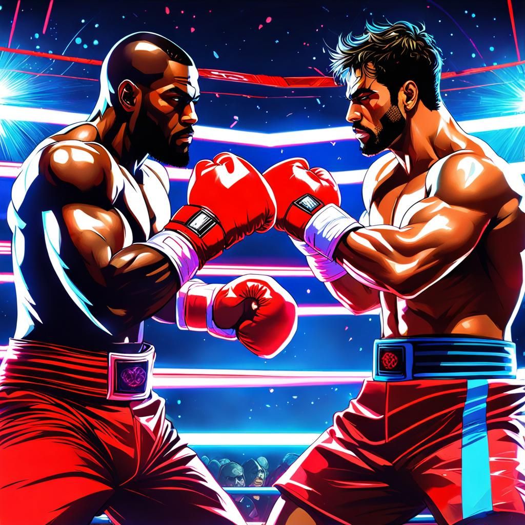 2100, futuristic fighting ring, two handsome boxers with neo...