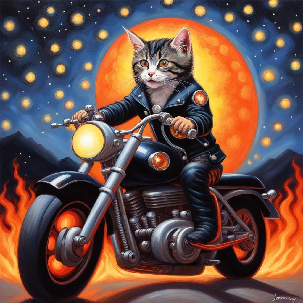 Heavy Metal Kitten Rides Flaming Motorbike
