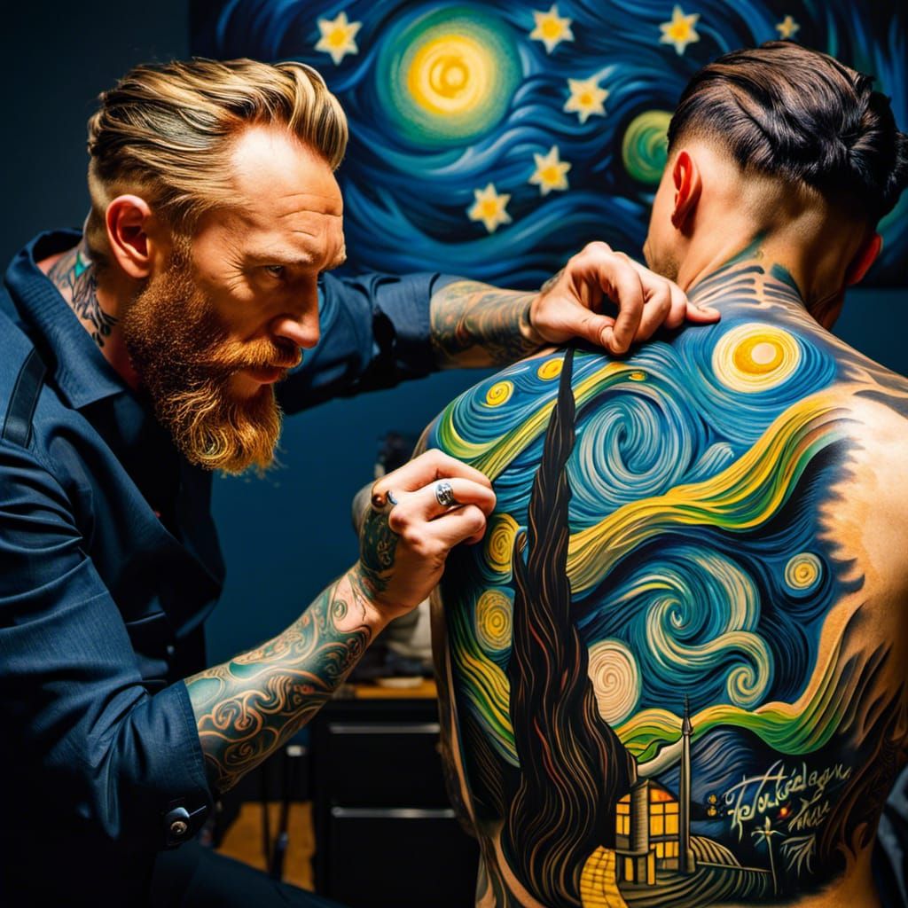 Vincent Van Gogh the tattoo artist, inspecting his work