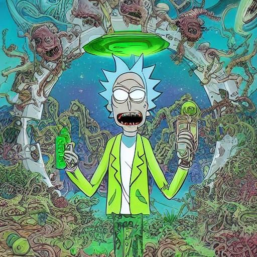 (Rick from Rick and Morty wearing white lab coat and holding...