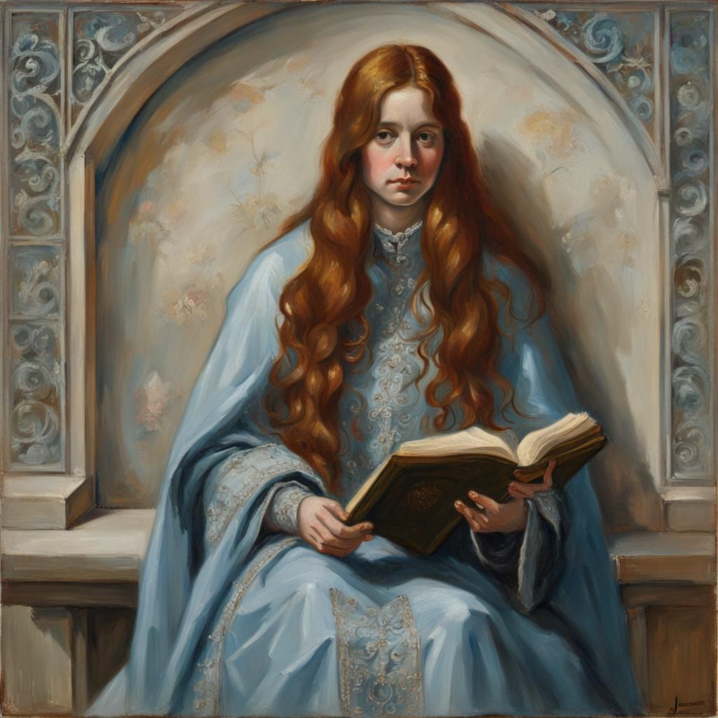 woman with long auburn hair wearing a light blue cloak with ...
