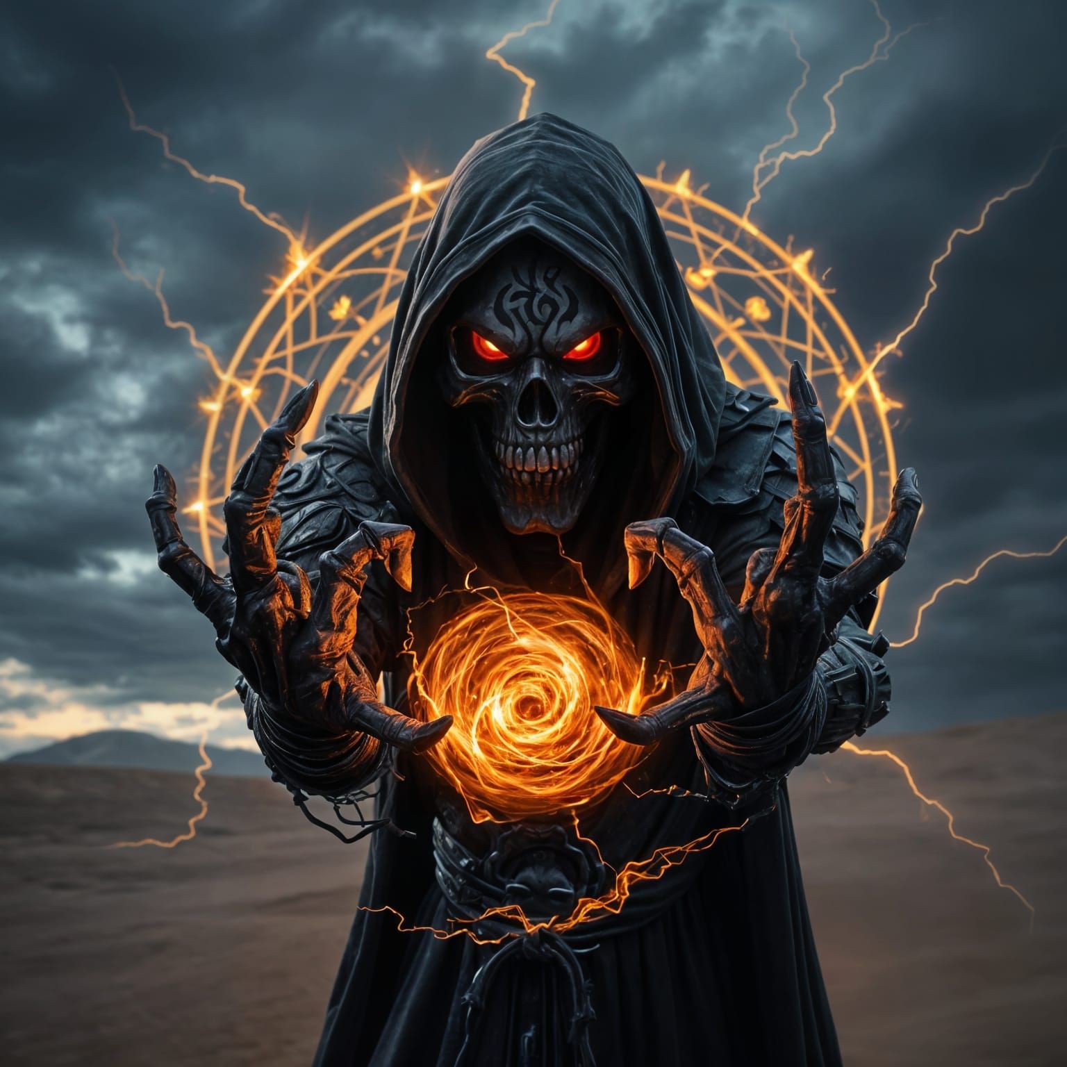 ​An intimidating, cloaked lich or skeletal necromancer, slightly floating mid-air, casting an immense, volatile spell. Centered, medium clos...