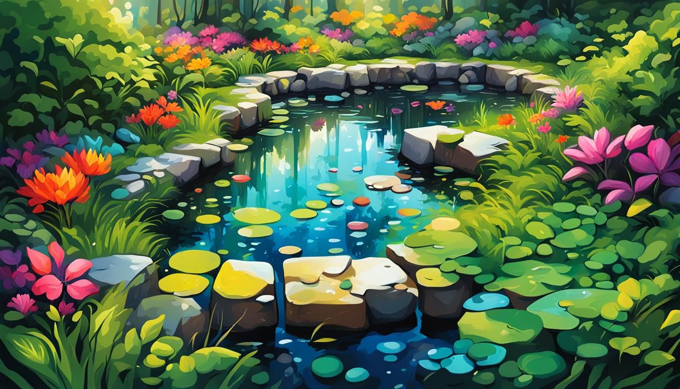 A garden full of lush greenery and a small pond nearby sorrounded by stones colourful image