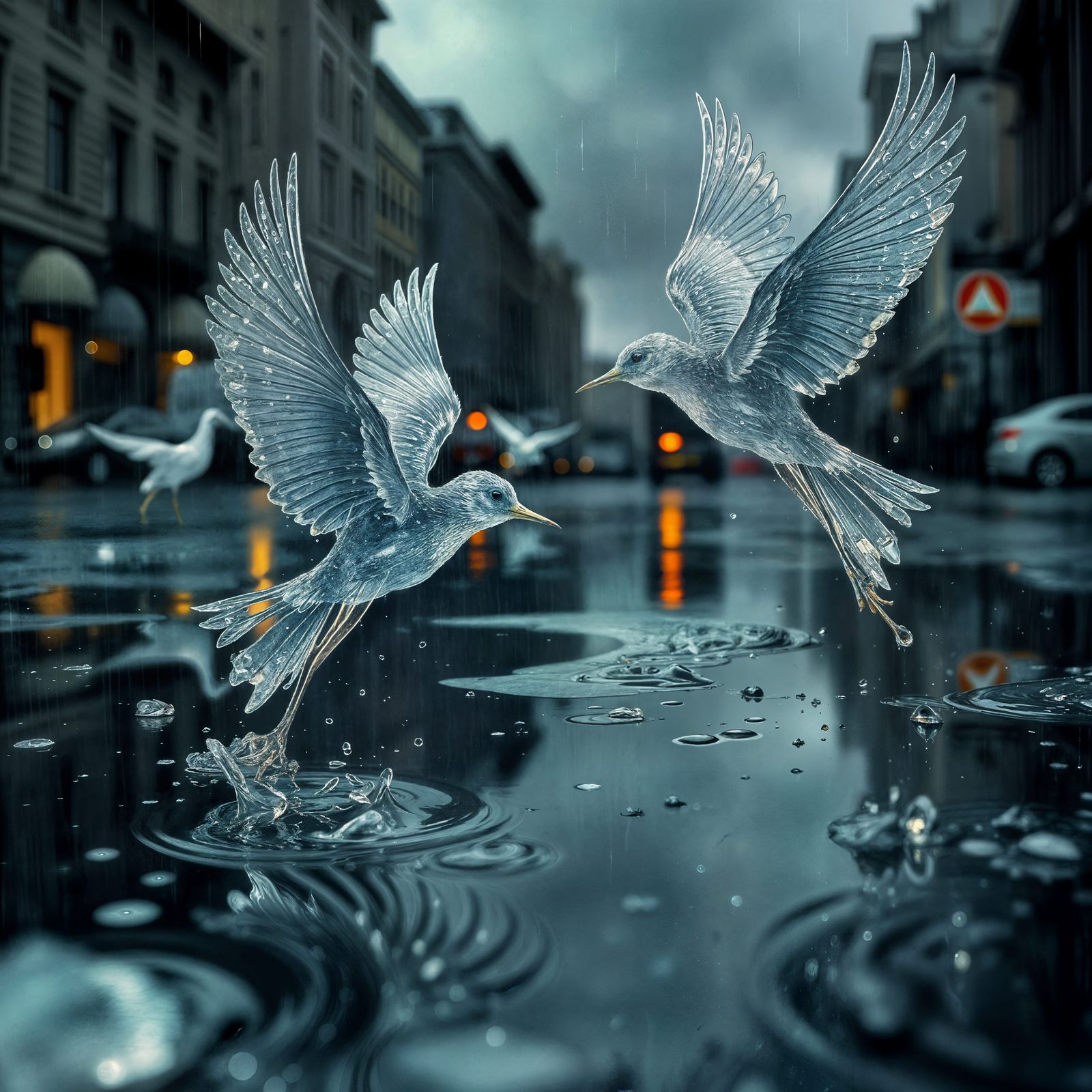 Water birds, intricately crafted from rippling water droplets, emerge on a rain-soaked street, amidst ...  by @Zoran79