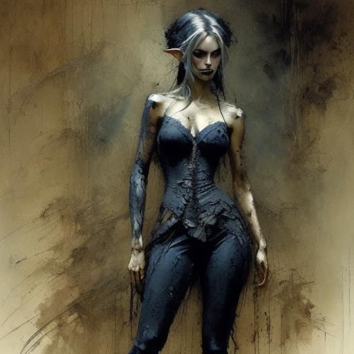 beautiful drow elf dressed in a bodice and skin tight black pants, dark blue skin, white hair