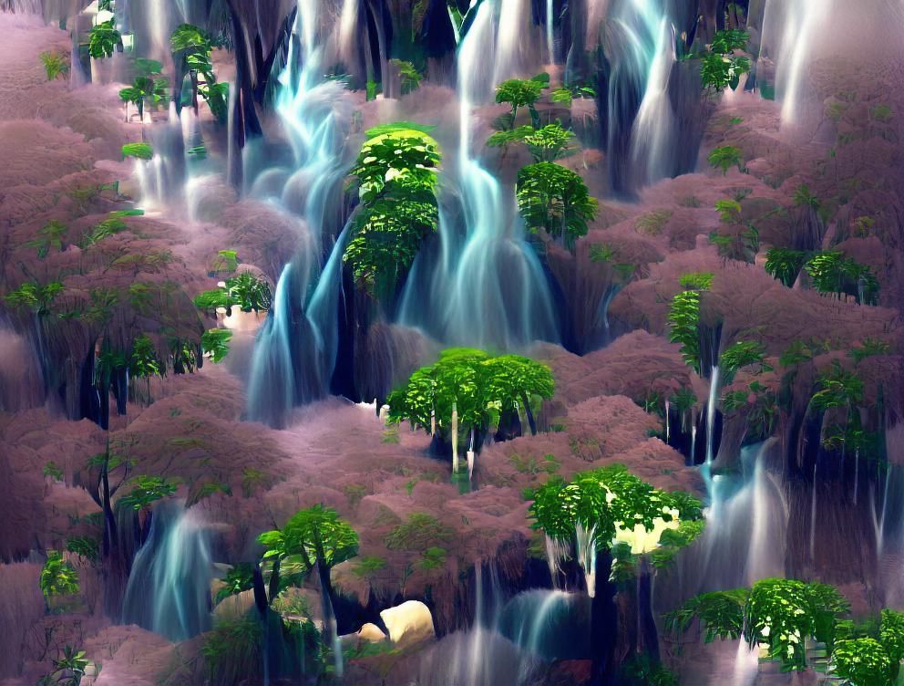 lush forest with waterfall