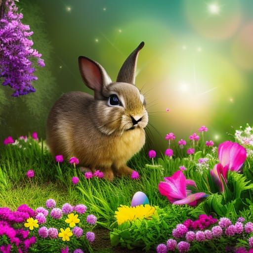 Cute little Easter bunny with big eyes hiding Easter eggs in...