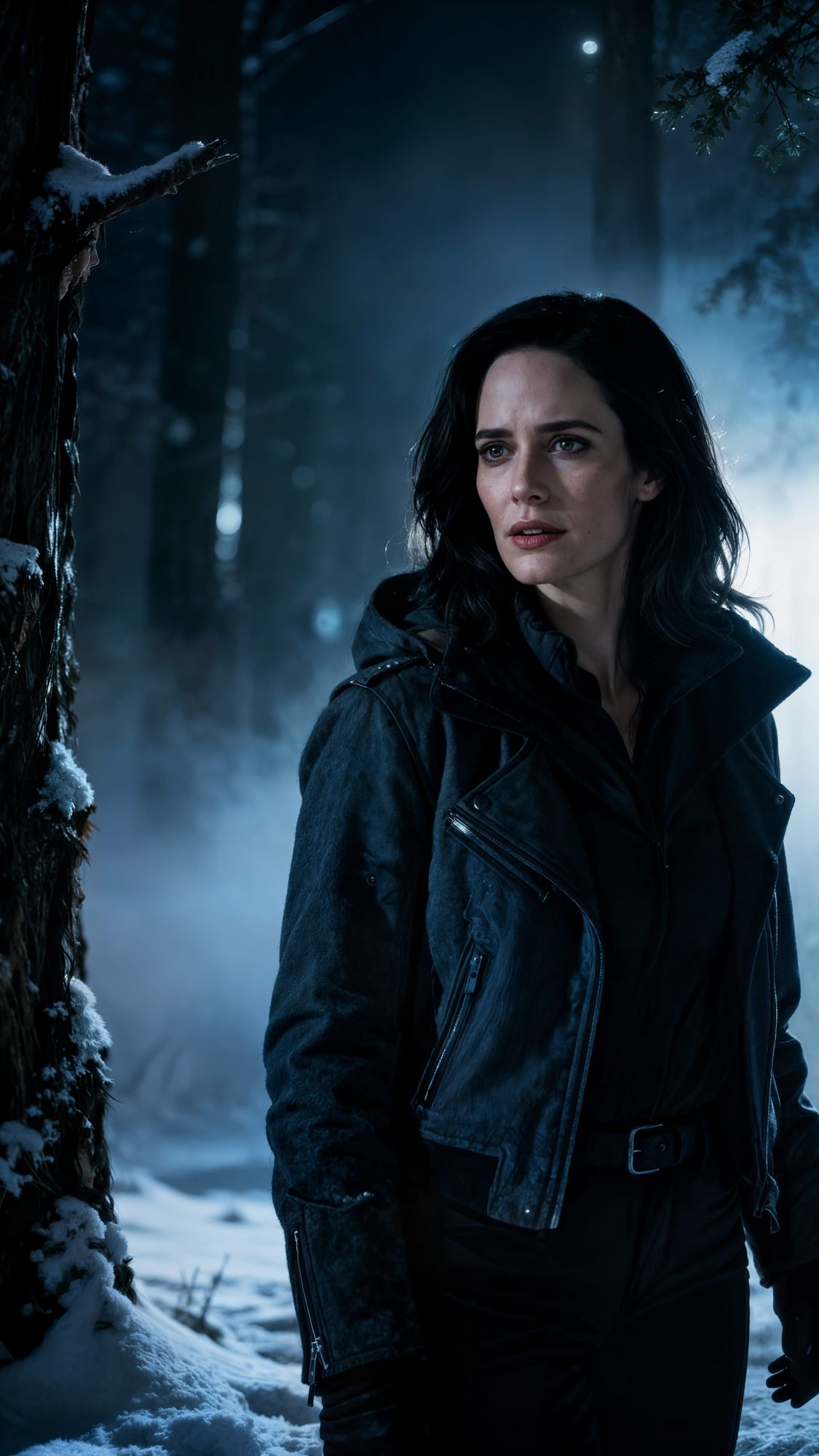 Eva Green as a beautiful 40-year-old dark-haired woman, photorealistic portrait, misty winter forest at night, modern cold-weather clothes, ...