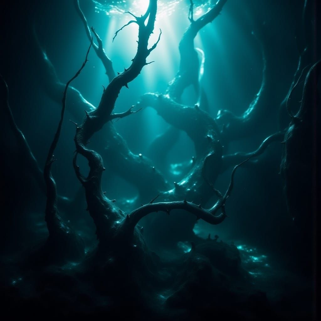 <lora:Giggity Giggity:1.0> surreal horror Ectoplasmic tentacles reaching underwater from the depths. Working in low light intensities is a g...