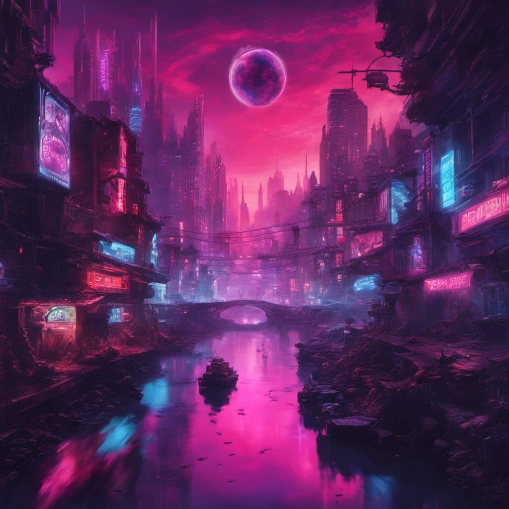 Cyberpunk neon city street at night. Futuristic city scene in a