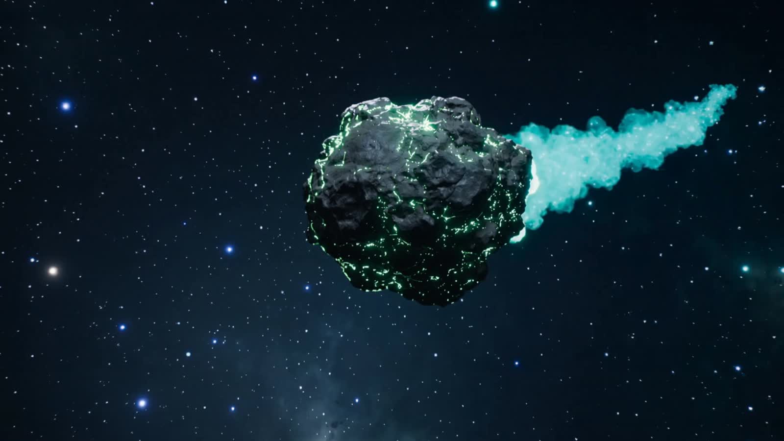 Setting is out in deep space. There is a green asteroid comet like object flying towards the camera, and then it explode...