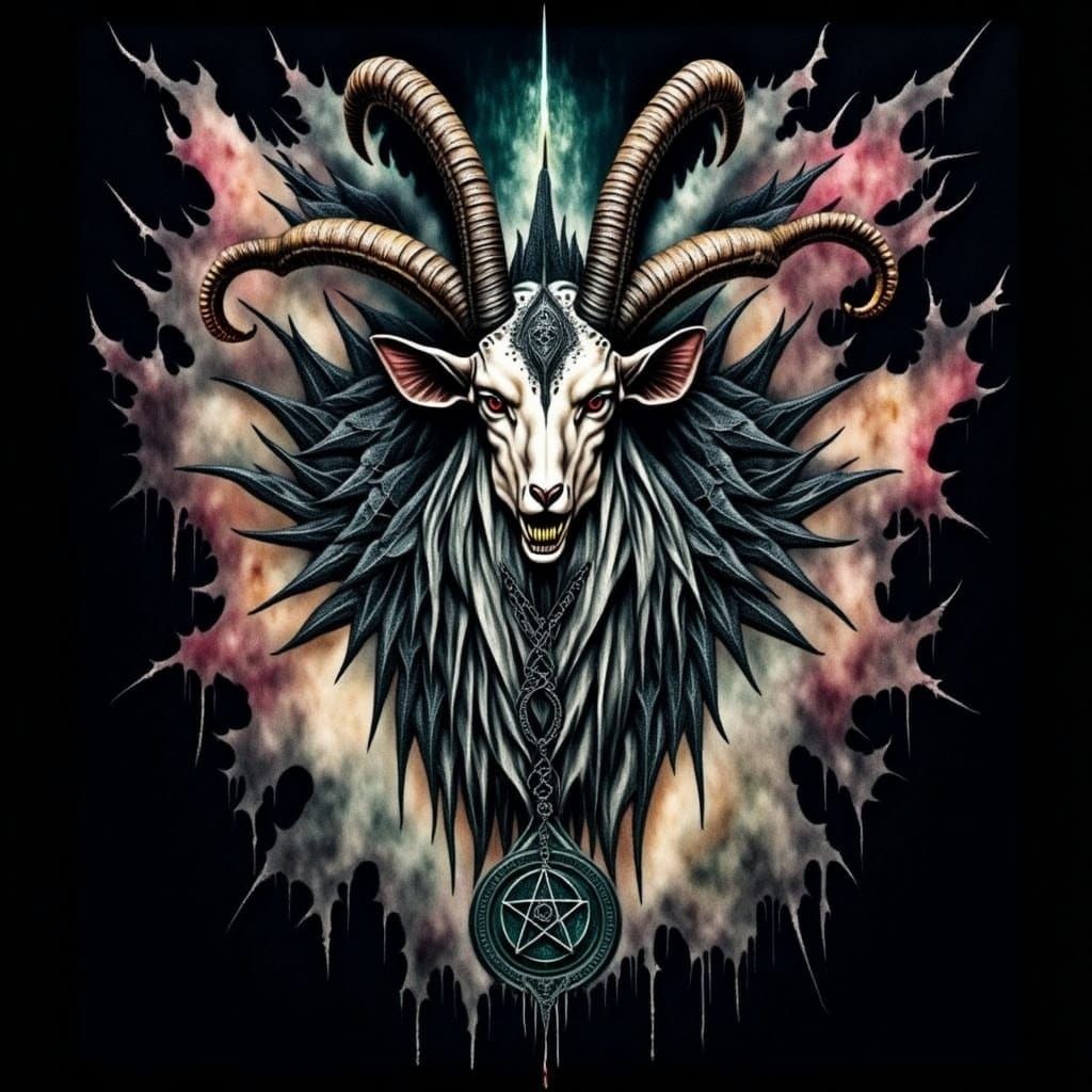 <lora:Shadow Intensity:1.0> watercolor of a goat, hazy watercolor, mandala with pentacle, luminescent, horror macabre despair, dark black ma...