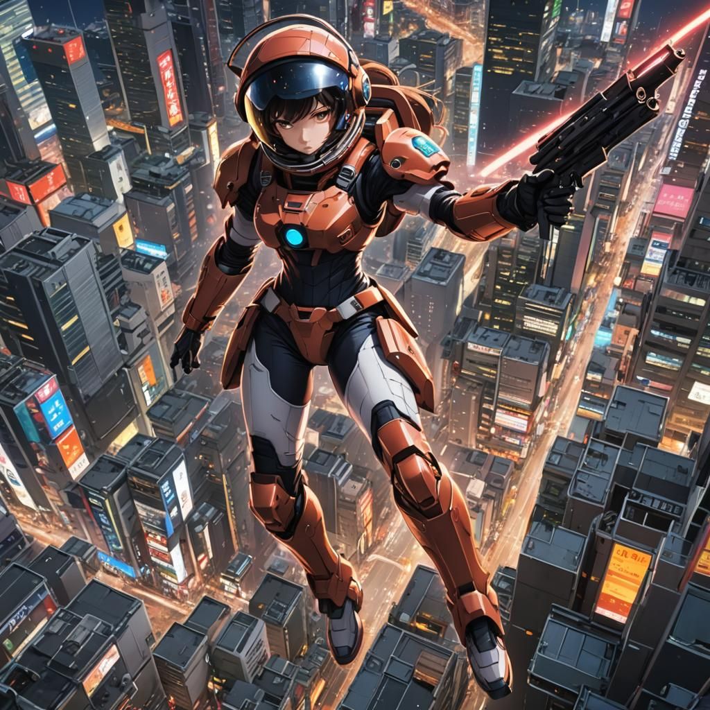 Anime, Kentaro Yabuki style, space heroine , flying over Tokyo, helmet, tight space suit, large weapon
Anime ...  by @Len H