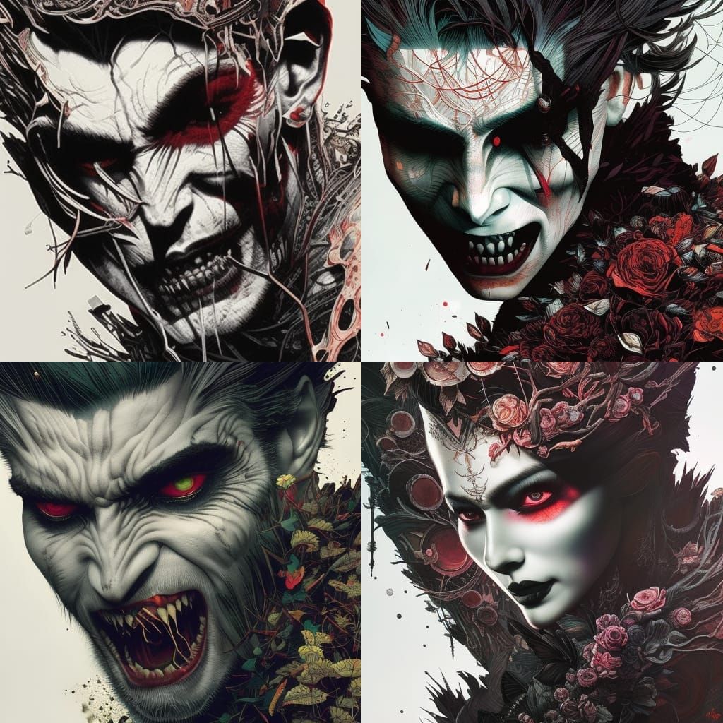 A hyper-detailed portrait of a fierce Vampire by Simon Prades, Dan Mumford, russ mills, Junji ito, double exposure colla...