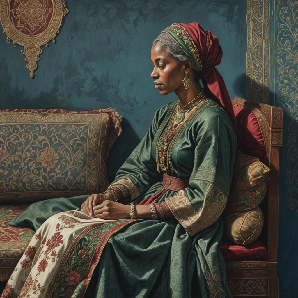Portrait in profile of a medieval  Moorish lady, dressed in ...
