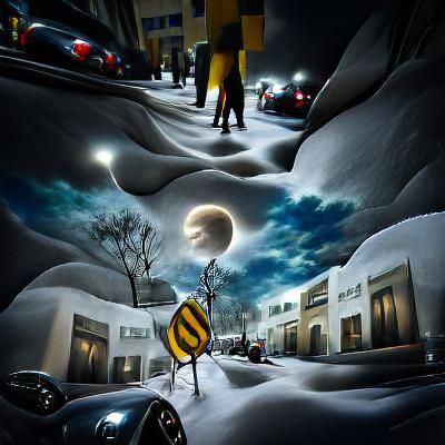 Snow covered streets glowing in the moonlight hyperrealism photoillustration surrealism