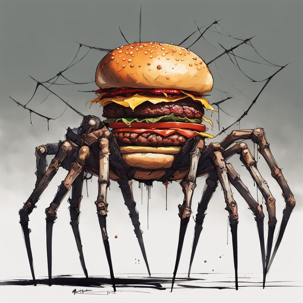 Hamburger Spider in Inkpunk Style Concept Art