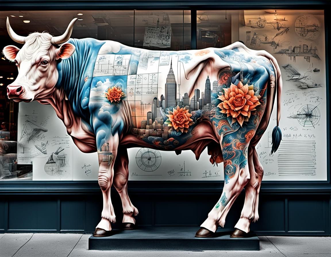 In the window of Macy's. Full colored tattoo of plans, sketc...
