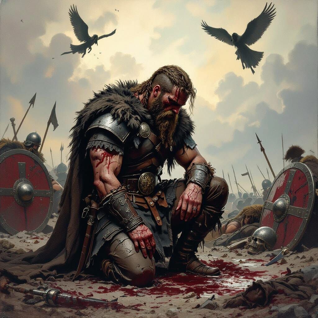 A dark and somber image of a battered and dirty Viking warrior grieving over his fallen comrades after an intense battle with the rom...