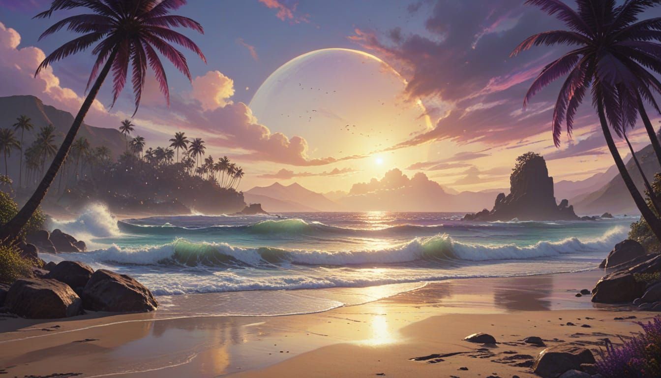 PEACEFUL, QUIET LATE NIGHT ON THE BEACH AT MAUI: STARS, FULL MOON: PALM TREES, CRASHING WAVES: wet on ...  by @Derrell Mcclure