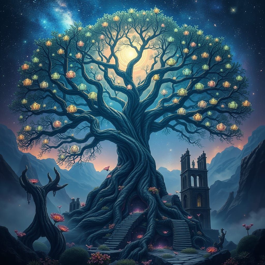 Colossal Tree Embraces Ancient Ruins in Cosmic Landscape