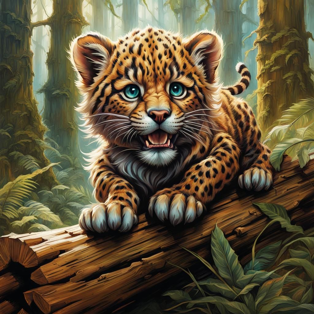 A Chibi Magical Jaguar pouncing through the logs, realistic face, thick realistic fur, intelligent eyes, ...  by @Jose Eduardo Cruz