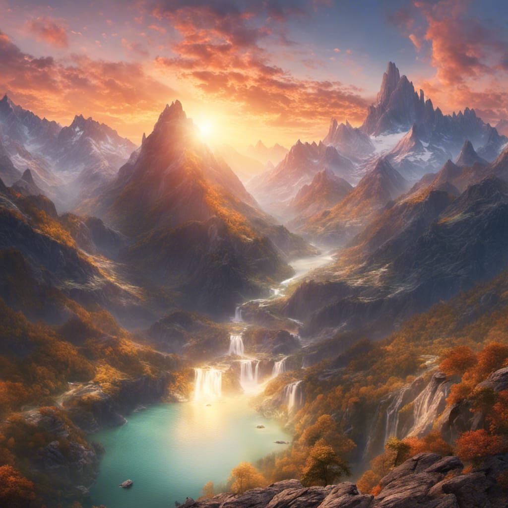 breathtaking mountainous landscape, tall peaks, serene valleys, and cascading waterfalls. The sun cresting ...  by @mrclueis