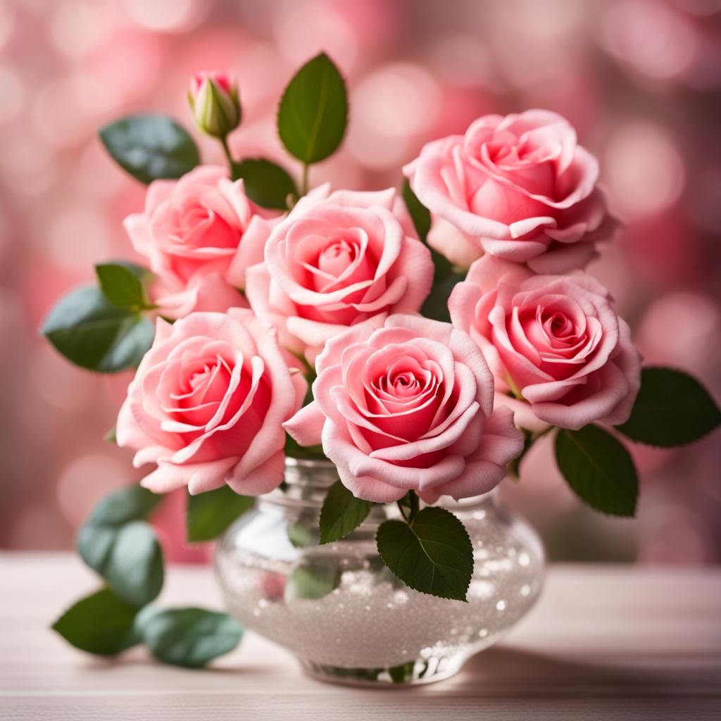 Vase with pink roses  by @StrayCatMom